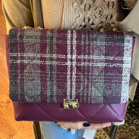 Michelle Moon Quilted Leather And Tweed Two-Tone Fabric Bag in Plum And Grey - Picture 5 of 16